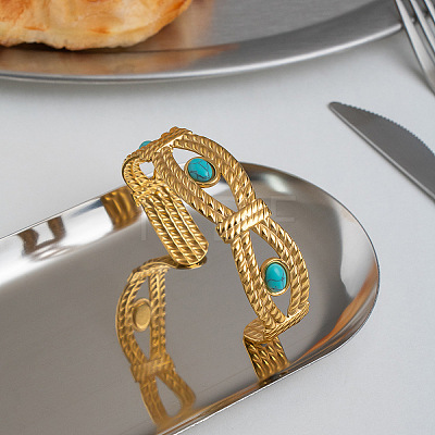 304 Stainless Steel Vintage Synthetic Turquoise Eye Open Cuff Bangles for Women WJ2970-1