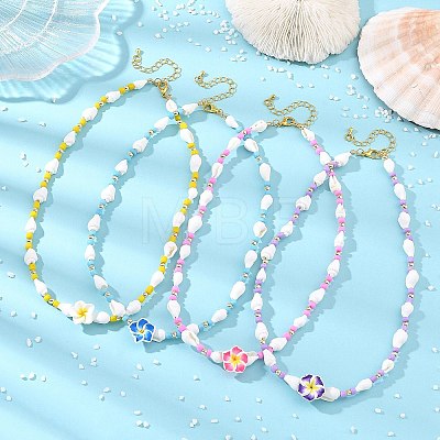 Polymer Clay Flower & Glass & Natural Trumpet Shell Beaded Necklaces for Women NJEW-JN06579-1