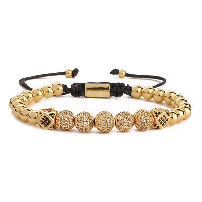 8mm Brass Micro Pave Clear & Black Cubic Zirconia Round Ball & Polygon Braided Bead Adjustable Bracelets for Women Men ZV7034-3-1