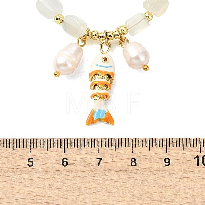 Brass Enamel Fish and Natural Pearl Rice Pendant Natural White Moonstone Nuggets Beaded Necklaces for Women NJEW-JN06357-01-1