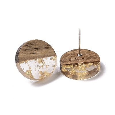 Resin & Walnut Wood Flat Round Stud Earrings with 304 Stainless Steel Pin for Women EJEW-TAC0021-05B-1