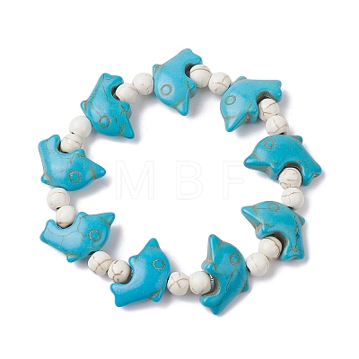 2Pcs 2 Style Synthetic Turquoise & Howlite Dolphin Beaded Stretch Bracelets Set BJEW-JB09829-1
