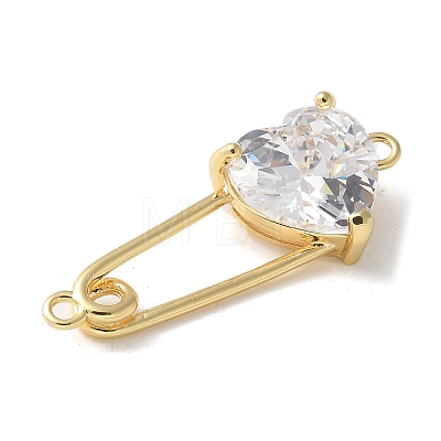 Brass Cubic Zirconia Heart Safety Pin Connector Charms KK-Q031-45G-01-1