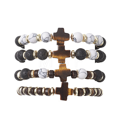 4Pcs 4 Styles Synthetic Howlite & Hematite Natural Lava Rock & Coconut Beads Stretch Bracelets BJEW-JB13448-1