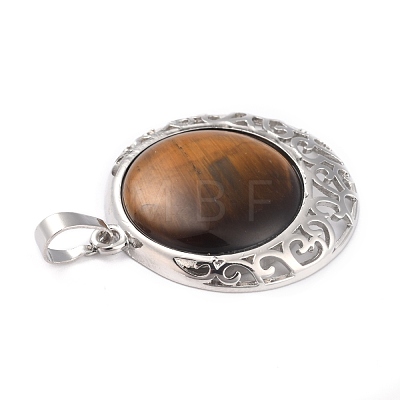 Natural Tiger Eye Pendants with Hollow Platinum Brass Findings G-P448-A15-P-1