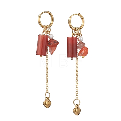 304 Stainless Steel Carnelian Heart Tassel Hoop Earrings EJEW-JE06731-03-1