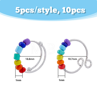 10Pcs 2 Style Rainbow Color Glass Beaded Rotating Open Cuff Rings Set RJEW-DC0001-15-1