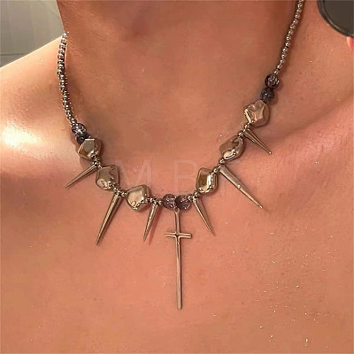 201 Stainless Steel with CCB Plastic Spiked Cross Pendant Choker Necklaces for Men FS-WG8A346-01-1