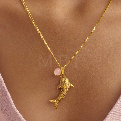 Ocean Style 304 Stainless Steel Shark with Natural Gemstone Chip Pendant Necklaces for Women FS-WGDF2F1-01-1