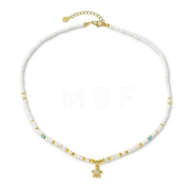 Ocean Brass Pave Clear Cubic Zirconia Sea Animals Pendant Natural Shell and Glass Seed Beaded Necklaces for Women NJEW-JN06345-02-1