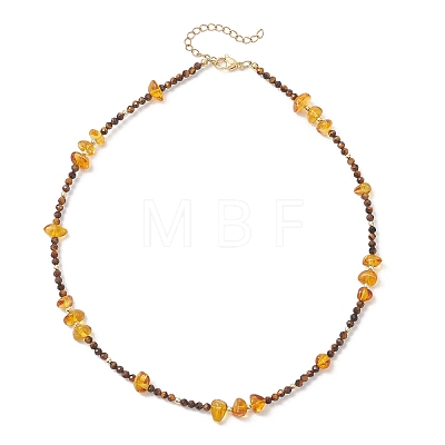 Natural Amber Chip and Faceted Round Tiger Eye Beaded Necklaces NJEW-JN05880-1