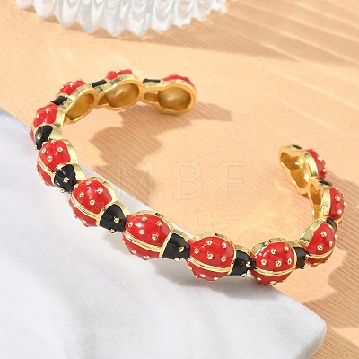 Ladybug Brass Enamel Cuff Bangles for Women BJEW-A171-01G-1