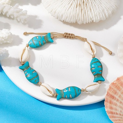 Natural Shell & Synthetic Turquoise Braided Bead Bracelets AJEW-AN00562-1