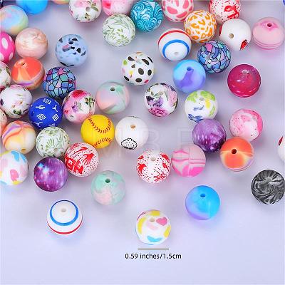 Printed Round with Baseball Pattern Silicone Focal Beads SI-JX0056A-109-1