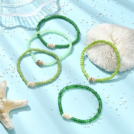 5Pcs Glass Seed Beads & Natural Sea Shell Stretch Bracelets for Women BJEW-JB13922-1