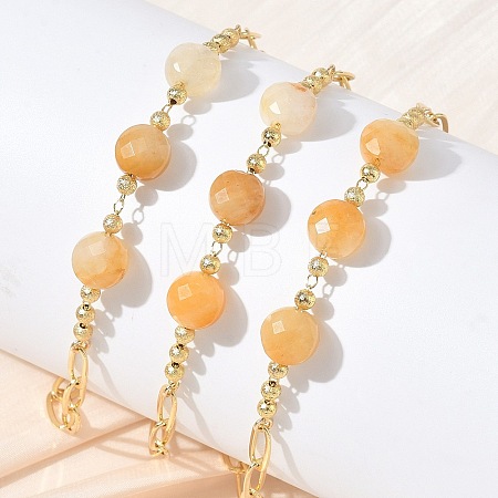 Natural Yellow Aventurine Faceted Flat Round Beaded Brass Paperclip Chain Bracelets GG-CBA37F5-02G-07-1