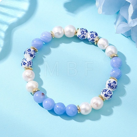 Natural Blue Lace Agate & Cultured Freshwater Pearl & Handmade Porcelain Ceramic Beads Stretch Bracelets for Women BJEW-JB13085-1