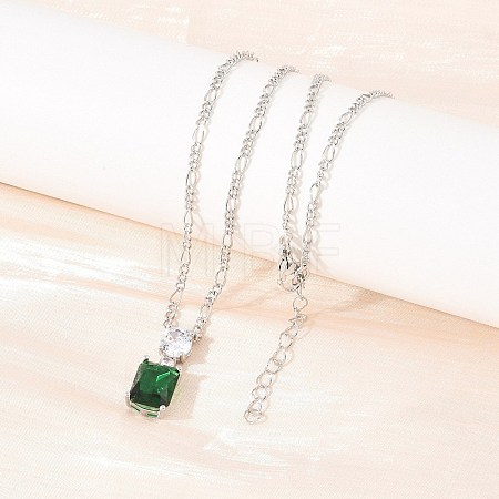 Brass Pave Clear Cubic Zirconia & Green Glass Perfume Bottle Pendant Figaro Chain Necklaces for Women NJEW-F364-02P-1