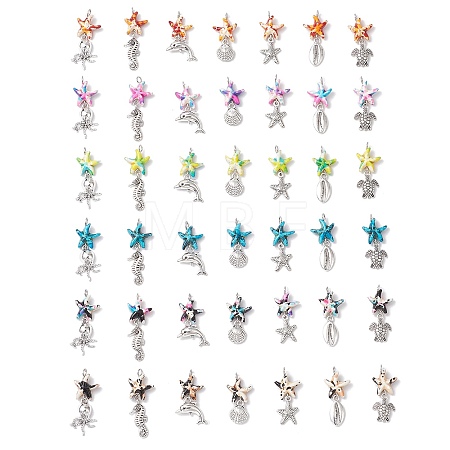 7Pcs 7 Styles Dyed Synthetic Turquoise Starfish & Alloy Sea Animals Pendants PALLOY-JF03754-1