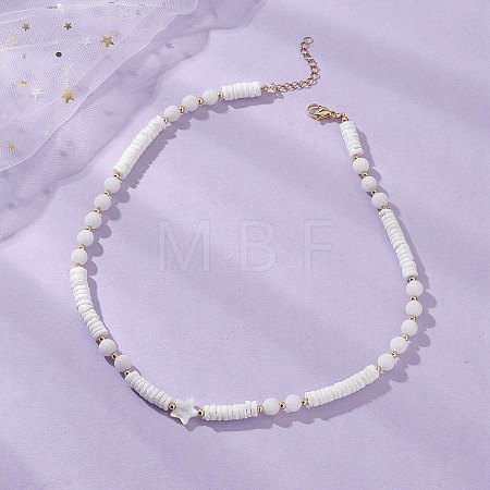 Natural White Shell Star Round Heishi Beaded Necklaces NJEW-JN05805-1