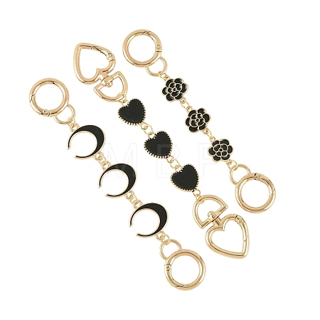 3Pcs 3 Styles Alloy Black Enamel Flower Moon Heart Link Bag Extender Chains HJEW-YW00084-06-1