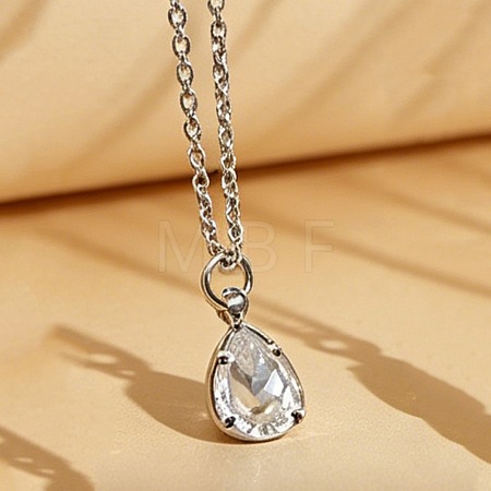 Brass Pave Clear Cubic Zirconia Teardrop Pendant Necklaces for Women WGBD698-02-1