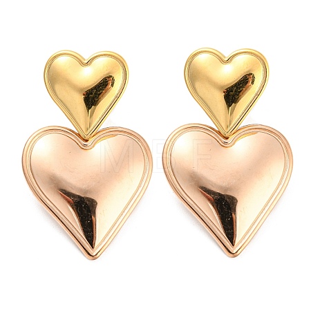 304 Stainless Steel Double Heart Dangle Stud Earrings for Women EJEW-D076-01E-RG-1