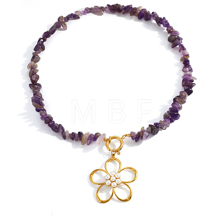 Summer Faux Pearl 304 Stainless Steel Flower Pendant Natural Amethyst Chip Beaded Necklaces for Women WGDF0A1-01-1