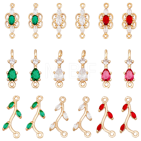 18Pcs 9 Styles Brass Pave Cubic Zirconia Connector Charms KK-FH0006-34-1