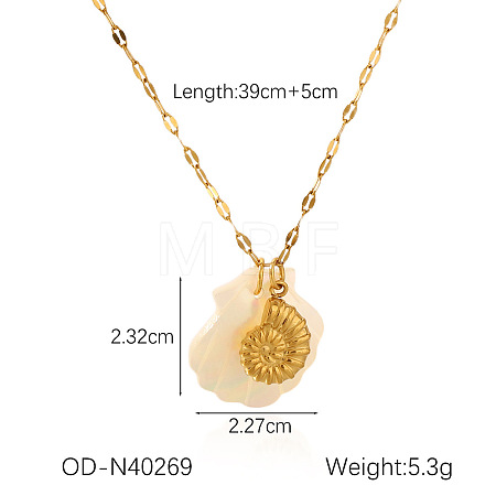 Ocean Theme Natural Shell & 304 Stainless Steel Pendant Dapped Chain Necklaces for Women FS-WG58500-01-1