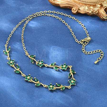 Brass Pave Cubic Zirconia Flower Link Chain Necklaces KK-CBA4547-18G-03-1