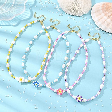 Polymer Clay Flower & Glass & Natural Trumpet Shell Beaded Necklaces for Women NJEW-JN06579-1
