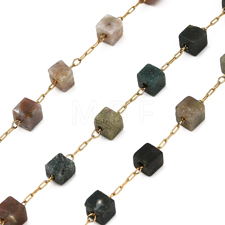 Handmade 304 Stainless Steel Indian Agate Beads Cube Link Chains CHS-B011-02G-02-1