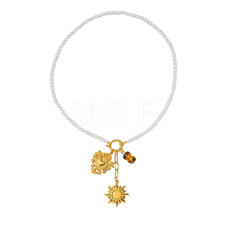 304 Stainless Steel Sacred Heart Sun Pendant White Glass Beaded Necklaces for Women WG88FB4-01-1