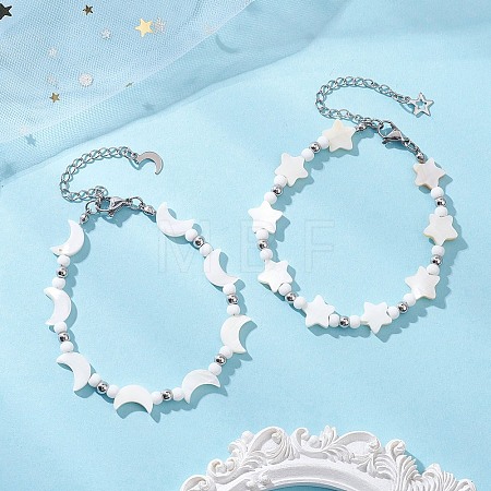 2Pcs Natural White Shell Star & Moon Link Bracelets BJEW-JB13283-1