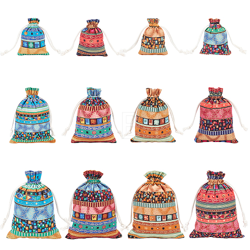  12Pcs 12 Styles Bohemian Rectangle Geometric Print Linenette Drawstring Bags ABAG-NB0001-89-1