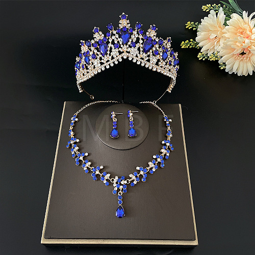 Teardrop Alloy Rhinestone Pendant Necklaces & Stud Dangle Earrings & Crown Hair Band Sets FS-WGFDFEC-04-1