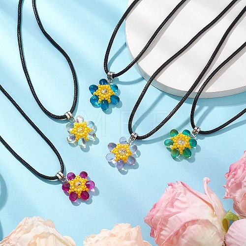 Glass Rhinestone & Glass Seed Beads Beaded Flower Pendant Necklaces NJEW-MZ00078-1