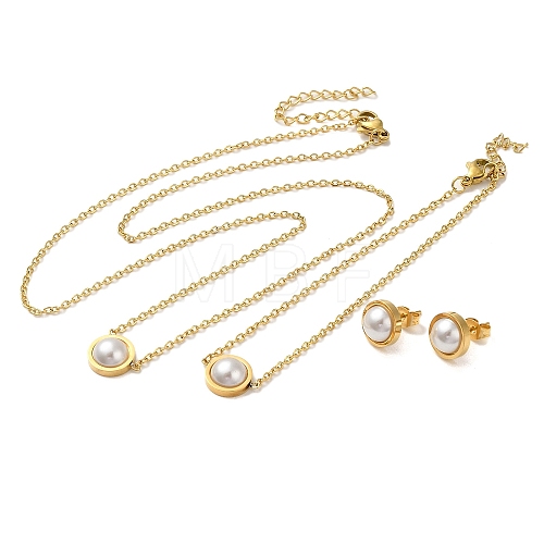 Flat Round Plastic Imitation Pearl Pendant Necklaces & Bracelets & Stud Earrings Sets SJEW-C004-02G-1