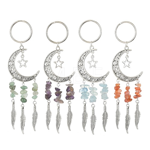 Alloy Moon with Feather Pendant Decorations HJEW-TA00068-1