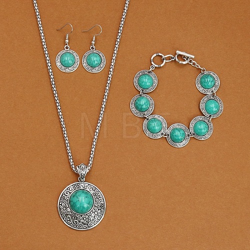 Alloy with Synthetic Turquoise Pendant Necklaces & Link Bracelets & Dangle Earring Sets WGBFEA3-07-1