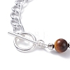 Natural Tiger Eye Round Beaded Bracelet with Curb Chain for Men Women BJEW-TA00048-01-5