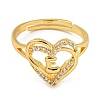 Heart with Letter Rack Plating Brass Micro Pave Clear Cubic Zirconia Adjustable Rings for Women RJEW-I105-01G-E-2