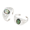 Oval Natural Paua Shell Brass Hollow Floral Cuff Bangles for Women BJEW-JB14503-02-3