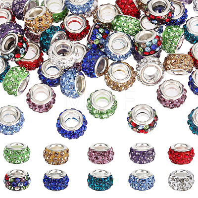 50Pcs 10 Colors Handmade Polymer Clay Rhinestone European Large Hole Beads with Silver Color Plated Brass Cores FPDL-PA0001-03-1