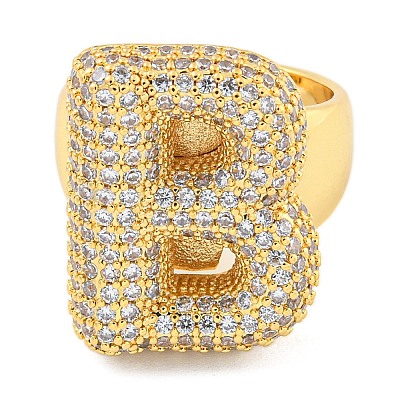 Brass Micro Pave Clear Cubic Zirconia Letter Open Cuff Ring for Women RJEW-M173-01G-B-1