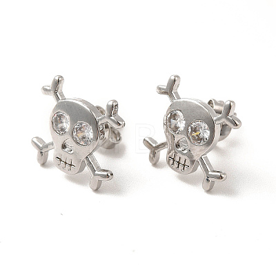 Rack Plating Brass Pave Clear Cubic Zirconia Skull Stud Earrings EJEW-F301-29-1