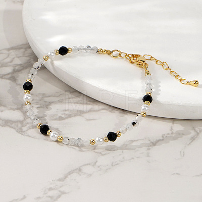 Quartz Crystal & Black Agate Beaded Bracelet for Women KS6100-1