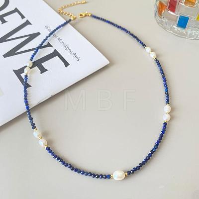 Elegant Natural Freshwater Pearl Rice & Natural Lapis Lazuli Faceted Round Beaded Necklaces for Women HF8817-1