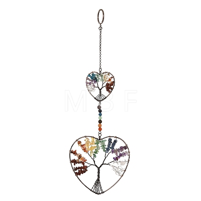 7 Chakra Heart Tree of Life Brass & Natural & Synthetic Gemstone Beads Hanging Ornament G-H359-01R-01-1
